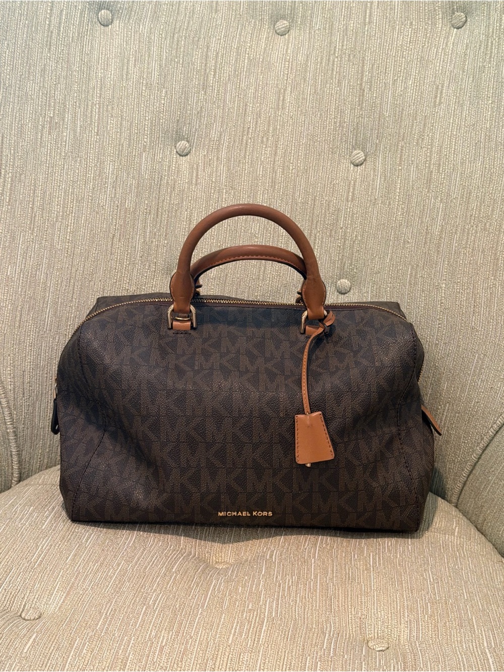 Michael Kors Brown Monogram Satchel with Tan Leather Trim